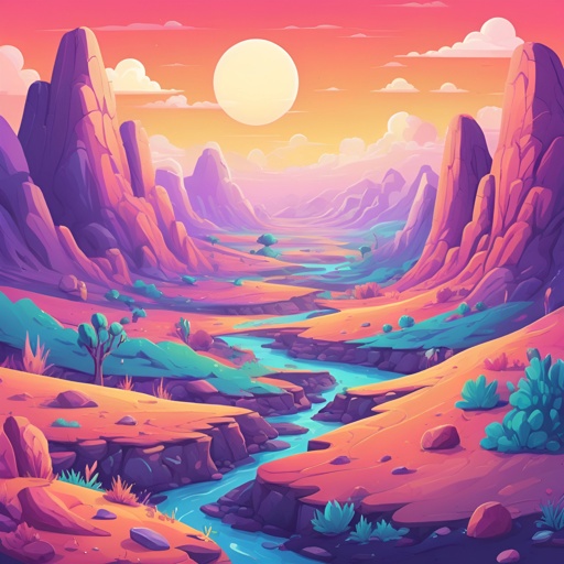 a cartoon illustration of a desert landscape with a river running through it