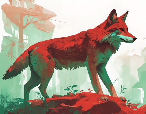 a red wolf standing on a rock in the woods