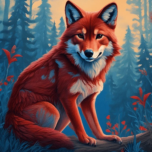 painting of a fox sitting on a log in a forest