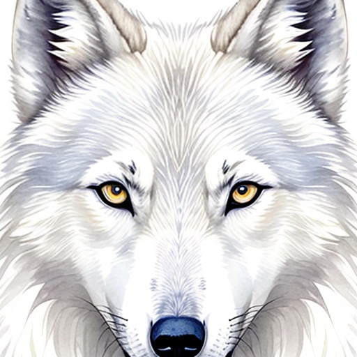 a close up of a white wolf with yellow eyes on a white background