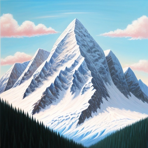 painting of a mountain with a few trees and a sky