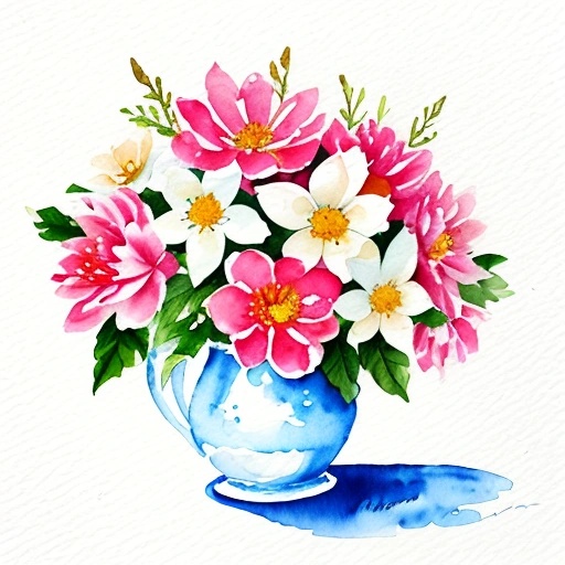 a painting of a blue vase with pink and white flowers