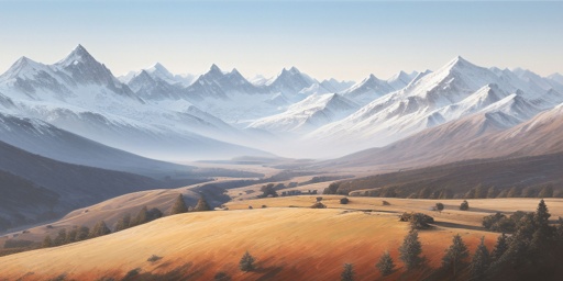 painting of a mountain landscape with a valley and a few trees
