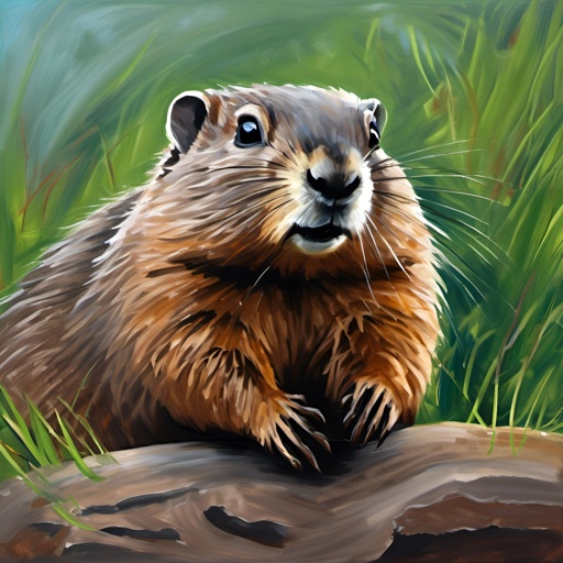 painting of a groundhog sitting on a log in the grass