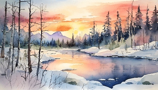 painting of a river in a snowy forest with a sunset in the background
