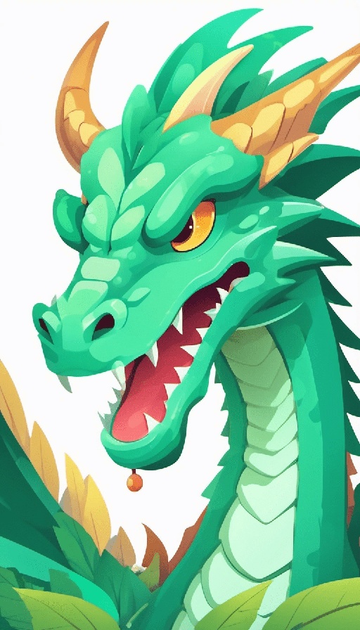 illustration of a green dragon with a yellow eye and a red nose