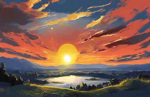 painting of a sunset over a lake with a mountain in the background