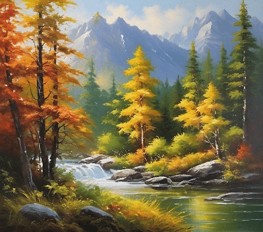 painting of a river with trees and rocks in the foreground