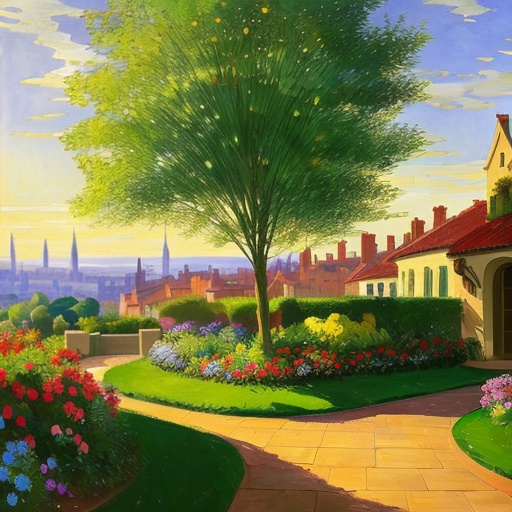 painting of a garden with a tree and a pathway leading to a house