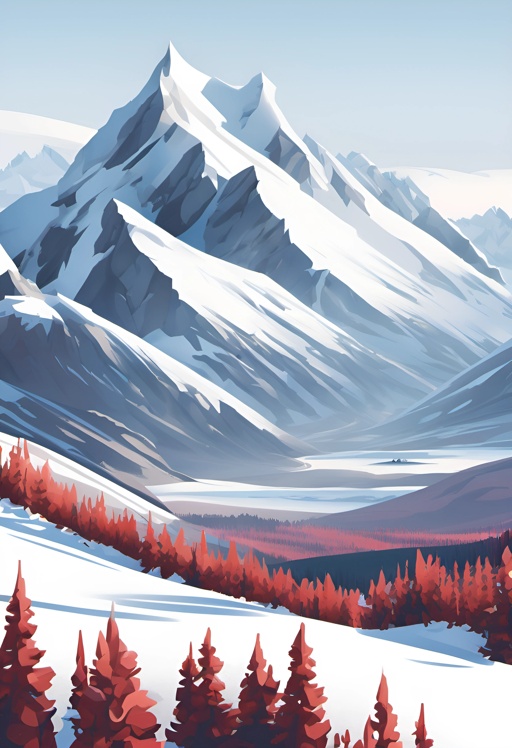 snowy mountain landscape with trees and a lone snow skier