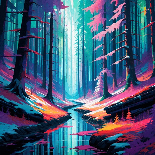 painting of a stream in a forest with trees and snow