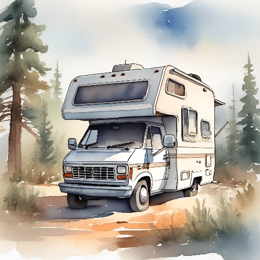 a white rv parked in the woods near a tree