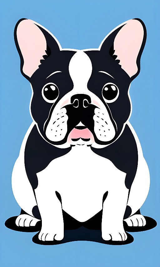 a black and white dog sitting on a blue background