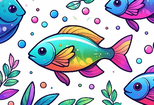 cartoon fish with bubbles and leaves on a white background
