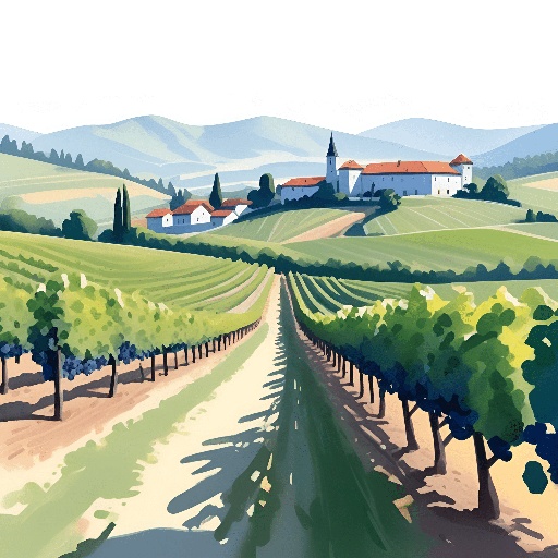 a painting of a vineyard with a church in the background