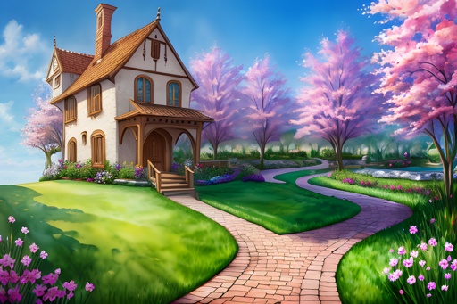painting of a house in a beautiful garden with a pathway