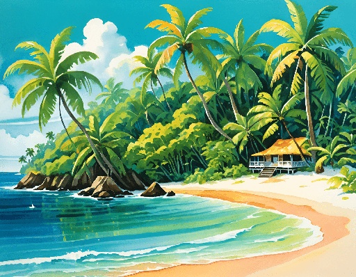 painting of a tropical beach with a hut and palm trees