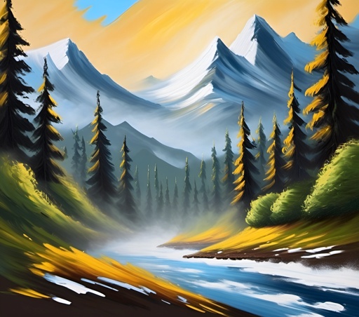 painting of a mountain scene with a river and trees