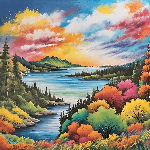 painting of a lake with trees and mountains in the background
