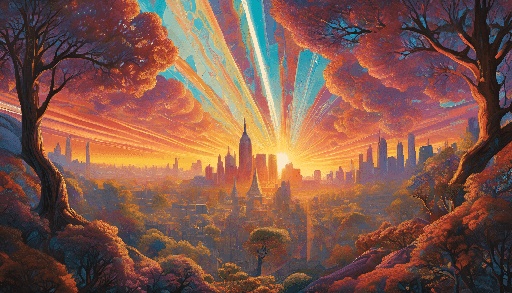 painting of a city skyline with a rainbow colored sky and trees