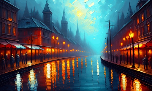 painting of a city street with a clock tower and a street light