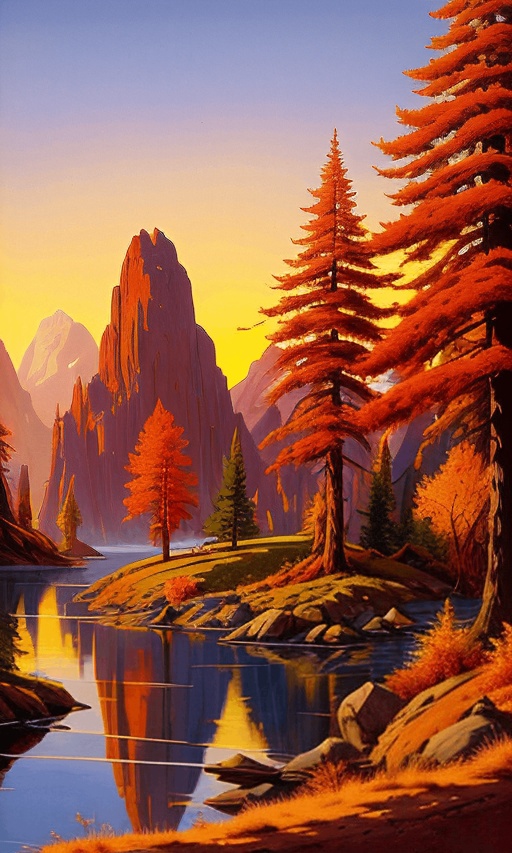 painting of a mountain scene with a lake and trees