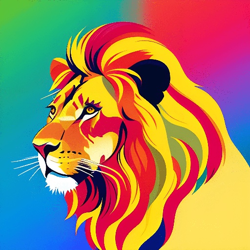 brightly colored lion head on a rainbow background