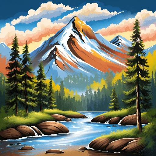 painting of a mountain scene with a stream and trees
