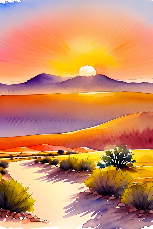 painting of a desert scene with a sunset in the background