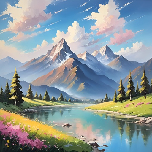 painting of a mountain scene with a lake and a mountain range