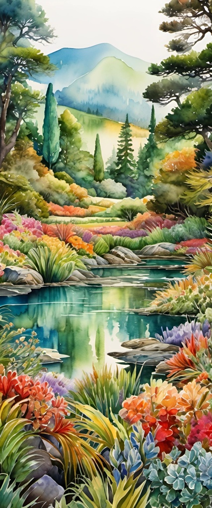 painting of a beautiful garden with a pond and mountains in the background
