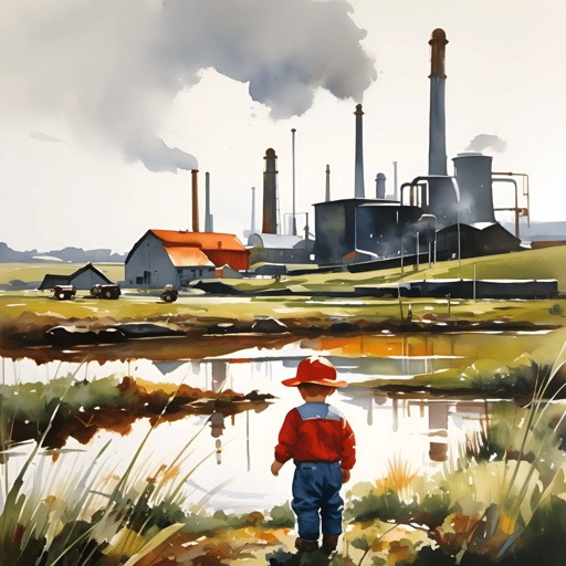 painting of a boy in a red hat standing in front of a river