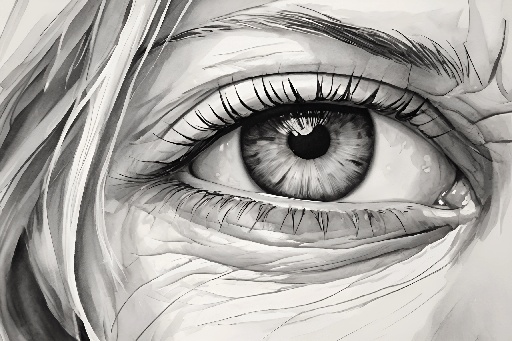 drawing of a woman's eye with a long hair and a pair of eyelashes