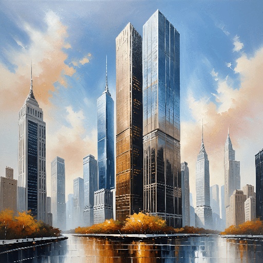painting of a city skyline with skyscrapers and a body of water