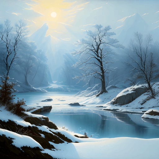 painting of a snowy river with trees and a mountain in the background
