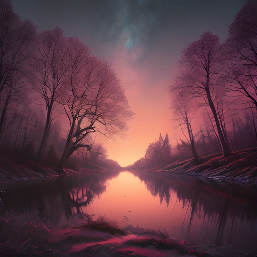 trees are reflected in a river at night with a pink sky