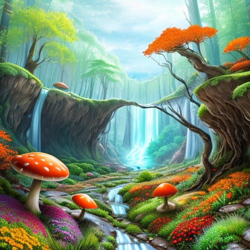 a painting of a forest with a waterfall and mushrooms
