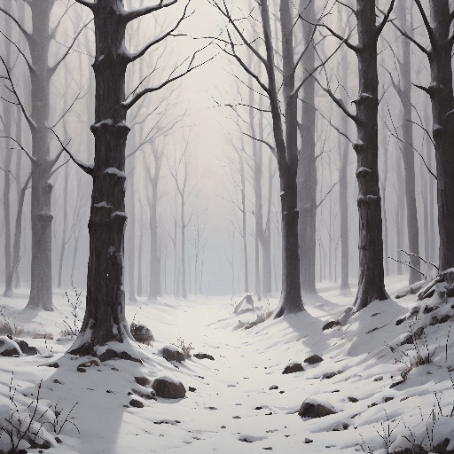 painting of a snowy forest with a path through the trees