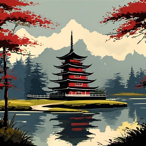a picture of a pagoda in the middle of a lake