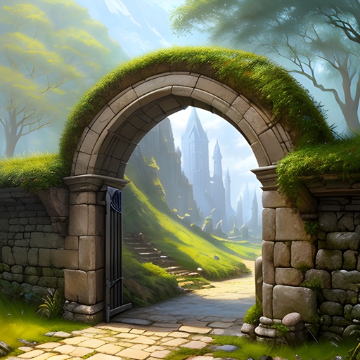 a painting of a stone arch with a stone pathway