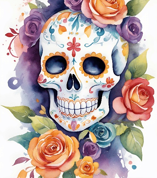 a watercolor painting of a skull with roses