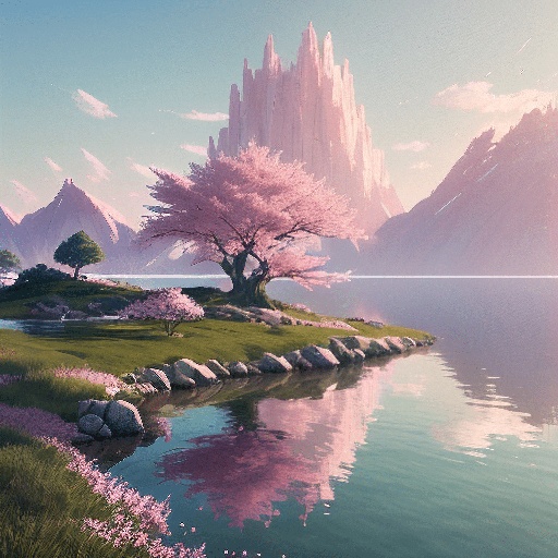 a painting of a pink tree on a small island