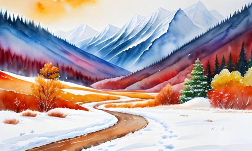 painting of a snowy mountain scene with a road in the foreground