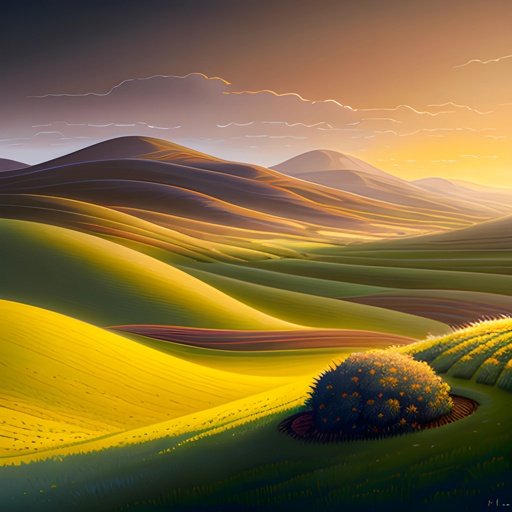 painting of a landscape with hills and fields at sunset
