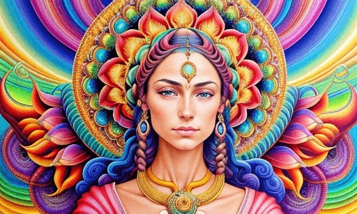 a painting of a woman with a colorful headdress and a colorful background
