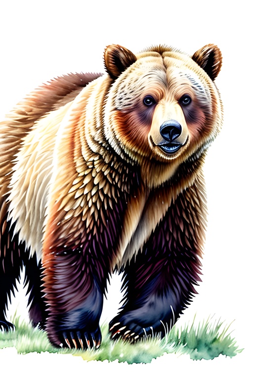 painting of a brown bear standing in the grass with a white background