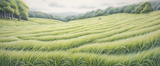 painting of a field of grass with trees in the background