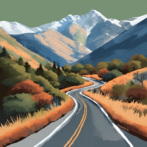 a painting of a road going through a mountain range