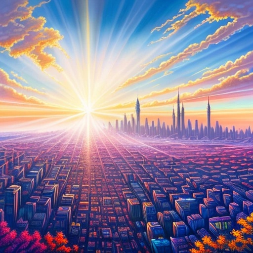 a painting of a city with a sun setting over it