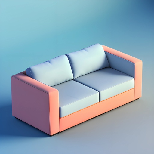 a couch with a blue and pink cushion on it